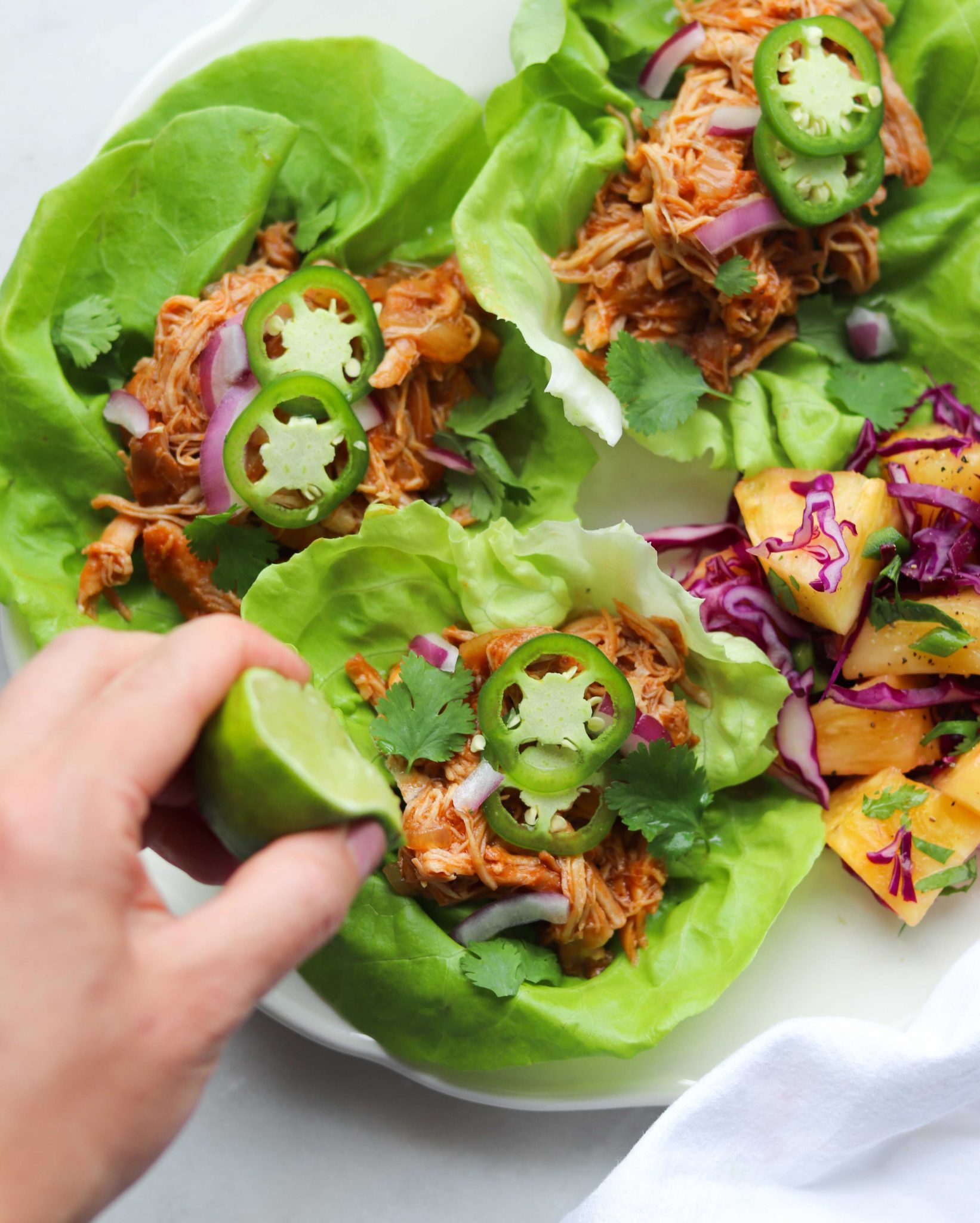 bbq chicken lettuce wraps with pineapple slaw