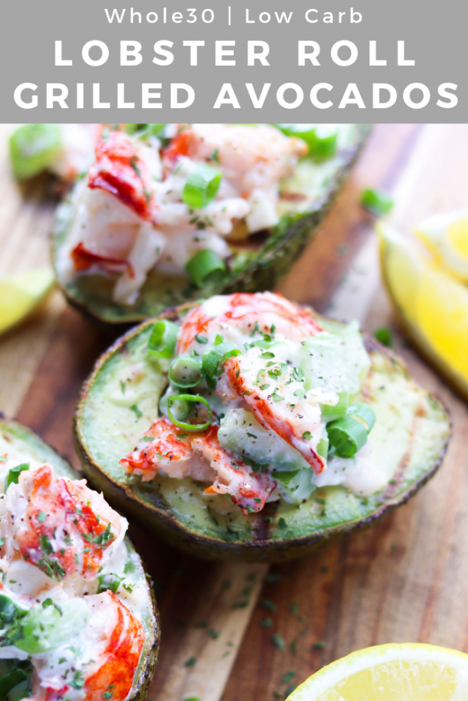 These Paleo, Low Carb and Whole30 Lobster Rolls are served in Grilled Avocados, and they'll quickly become your new favorite summer lunch! They're actually quite budget-friendly, plus super delicious and really easy! #cookathomemom #whole30recipes
