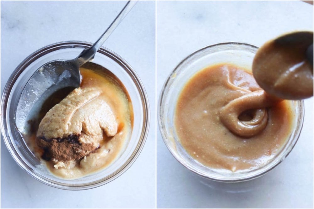 A collage showing the maple almond butter ingredients in a small glass dish, then mixed together with a spoon. 