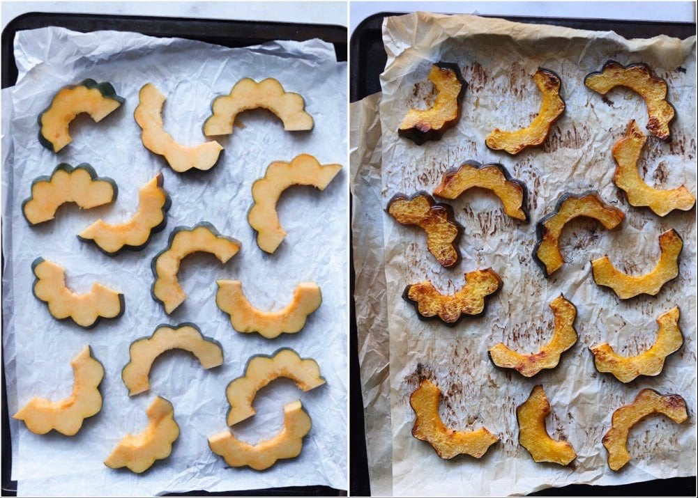 Sliced acorn squash on a baking sheet, drizzled with oil and roasted. 