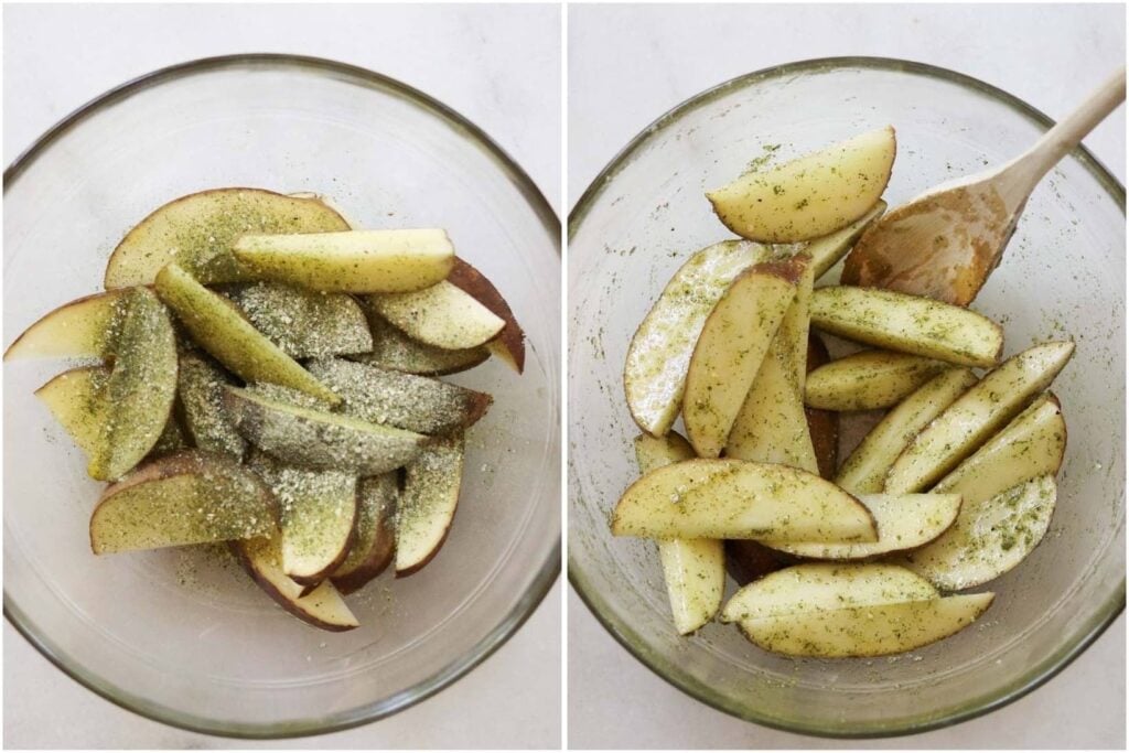 Process shots, showing top down close up of the potato wedges in a glass bowl, tossed with oil and ranch seasoning.