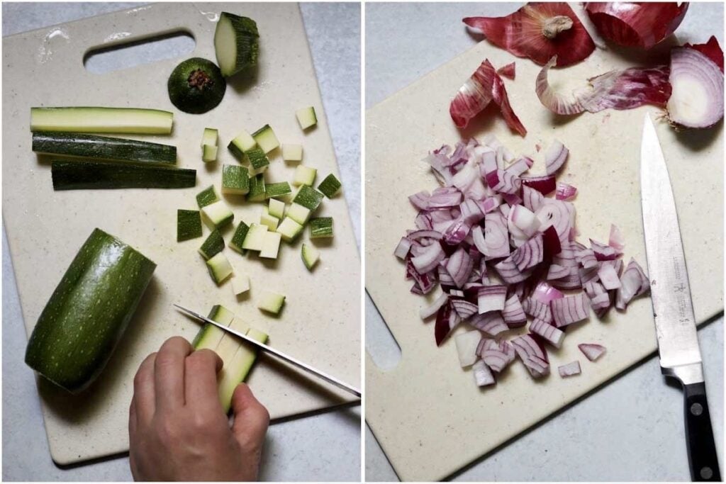 Collage of two photos, dicing the zucchini and dicing the onions.