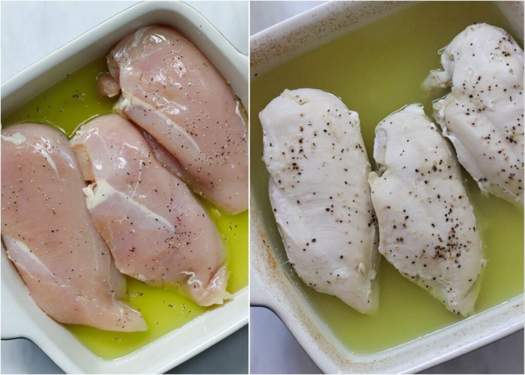 Side by side collage of boneless skinless chicken breasts in pickle juice. Uncooked on the left and poached on the right.