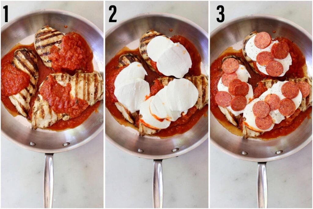 Collage of three photos showing the process to make the recipe: The chicken and sauce in the skillet, then topped with cheese, and finally topped with pepperoni slices.