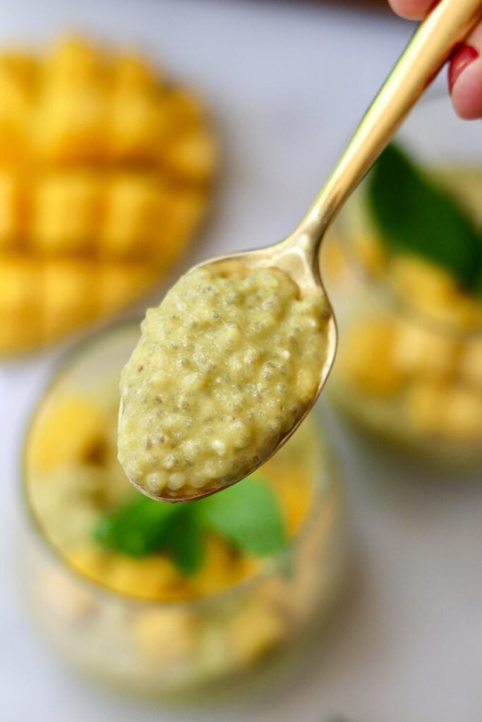 Close up of a gold spoon filled with mango chia pudding.