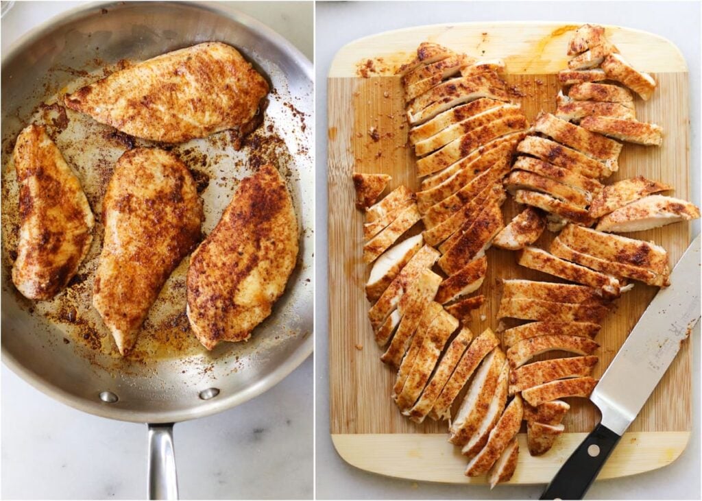 Two-photo collage of chicken breasts cooking in a skillet and the cooked chicken cut into slices.
