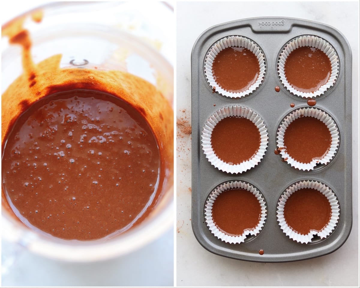 Collage of process shots: The blended mixture inside the blender, then poured into muffin liners.