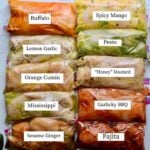 All of the chicken marinades together, labeled.