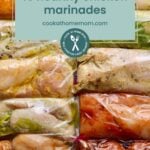 Ten sealed bags of raw chicken portions, each infused with a healthy chicken marinade, are arranged on a flat surface. Text overlay highlights tips for making nutritious and flavorful chicken marinades.