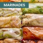 Twelve plastic bags filled with raw chicken soaking in healthy chicken marinades are arranged in rows, each labeled with a different flavor and titled "10 healthy chicken marinades.