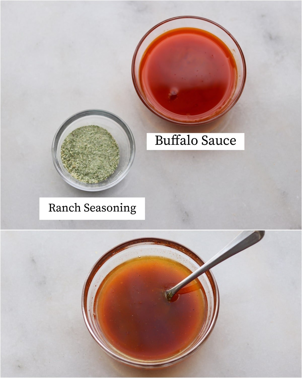 Collage showing the labeled buffalo ranch marinade recipe ingredients and the finished mixed marinade.