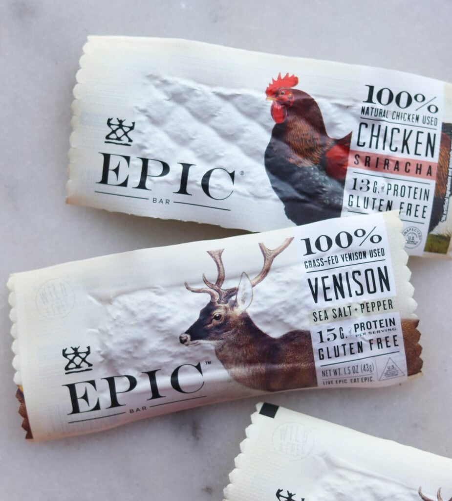 An Epic Venison bar beside a Chicken Sriracha Bar.