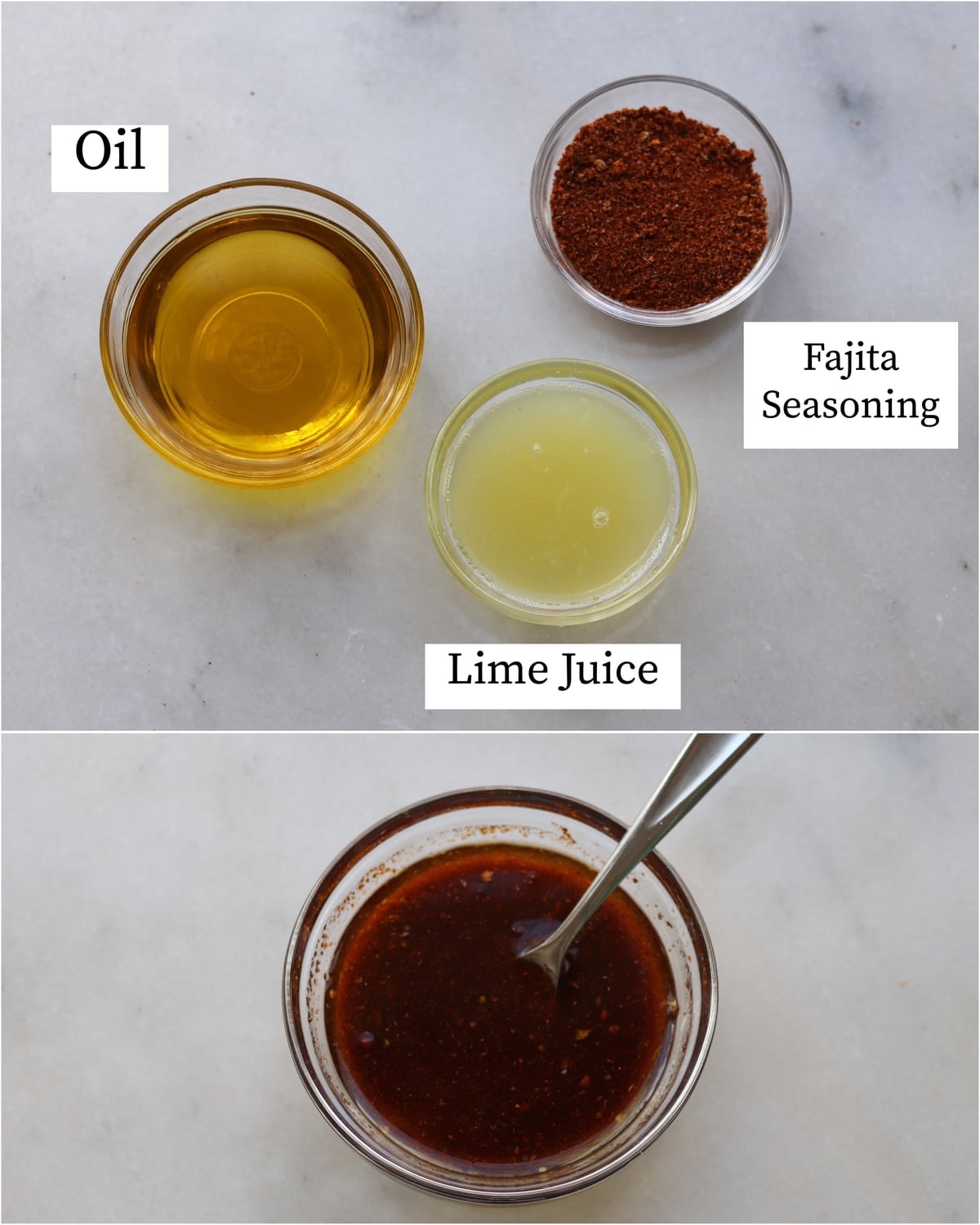 Collage showing the labeled fajita marinade recipe ingredients and the finished mixed marinade.