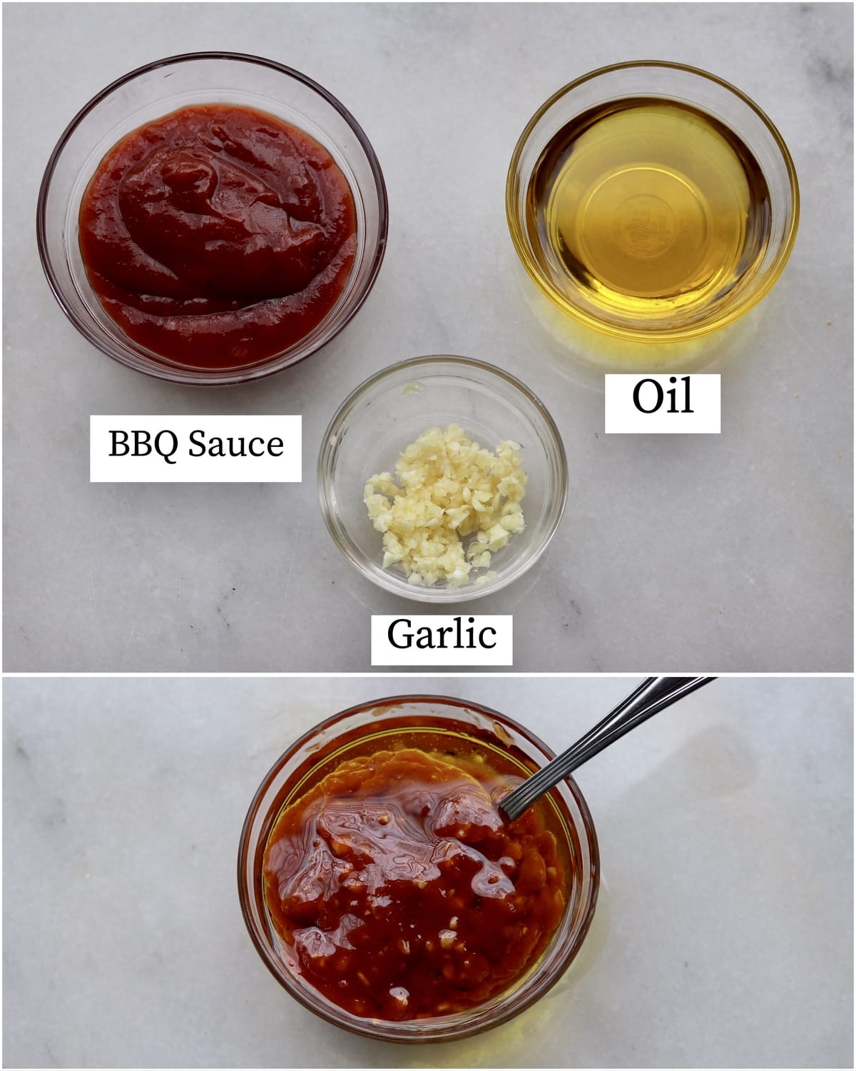 Collage showing the labeled garlic bbq chicken marinade recipe ingredients and the finished mixed marinade