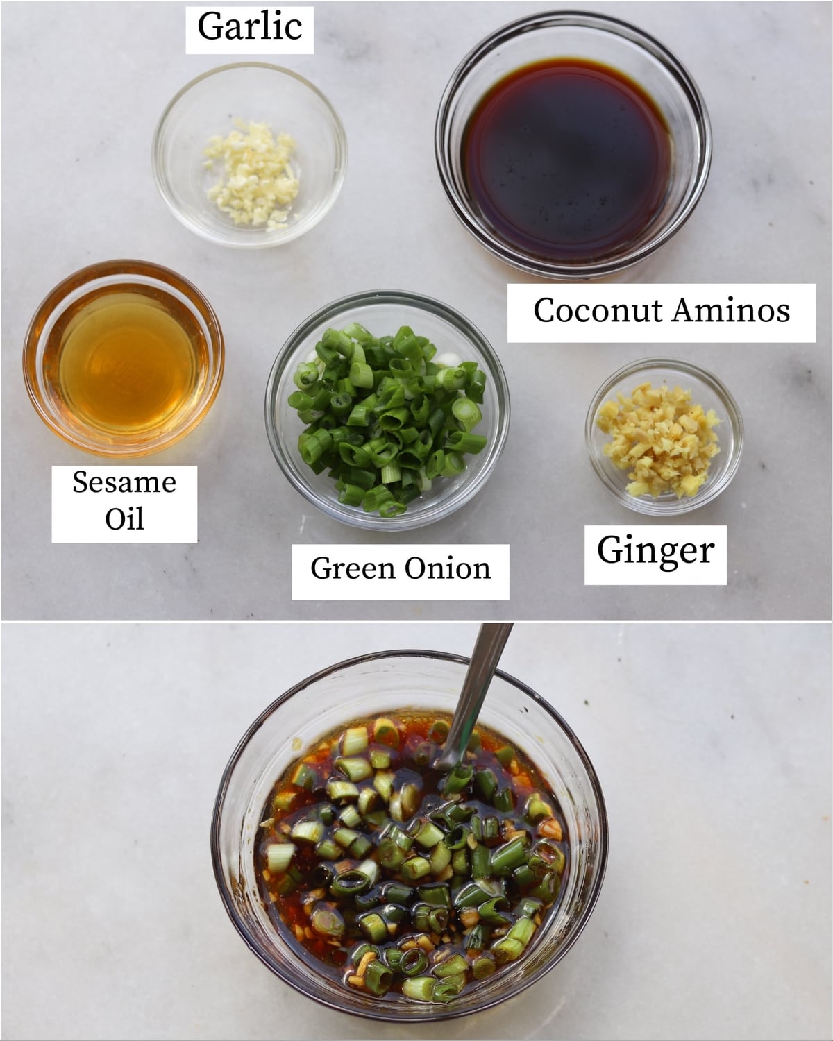 Collage showing the labeled sesame ginger chicken marinade recipe ingredients and the finished mixed marinade.