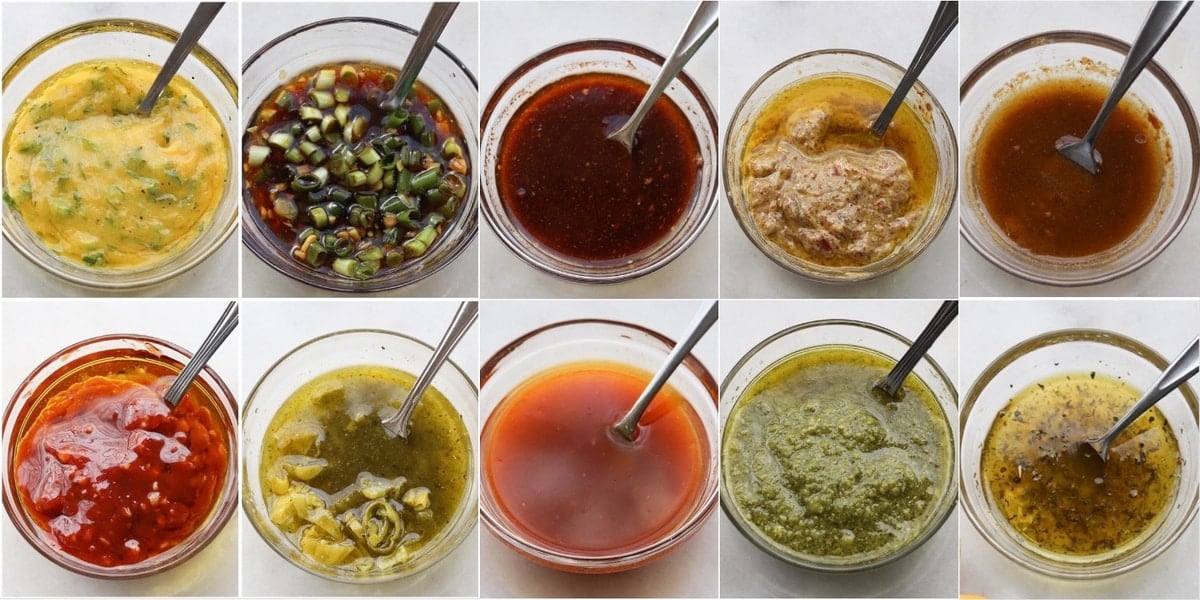 Collage of ten marinades, each served in a small glass dish.