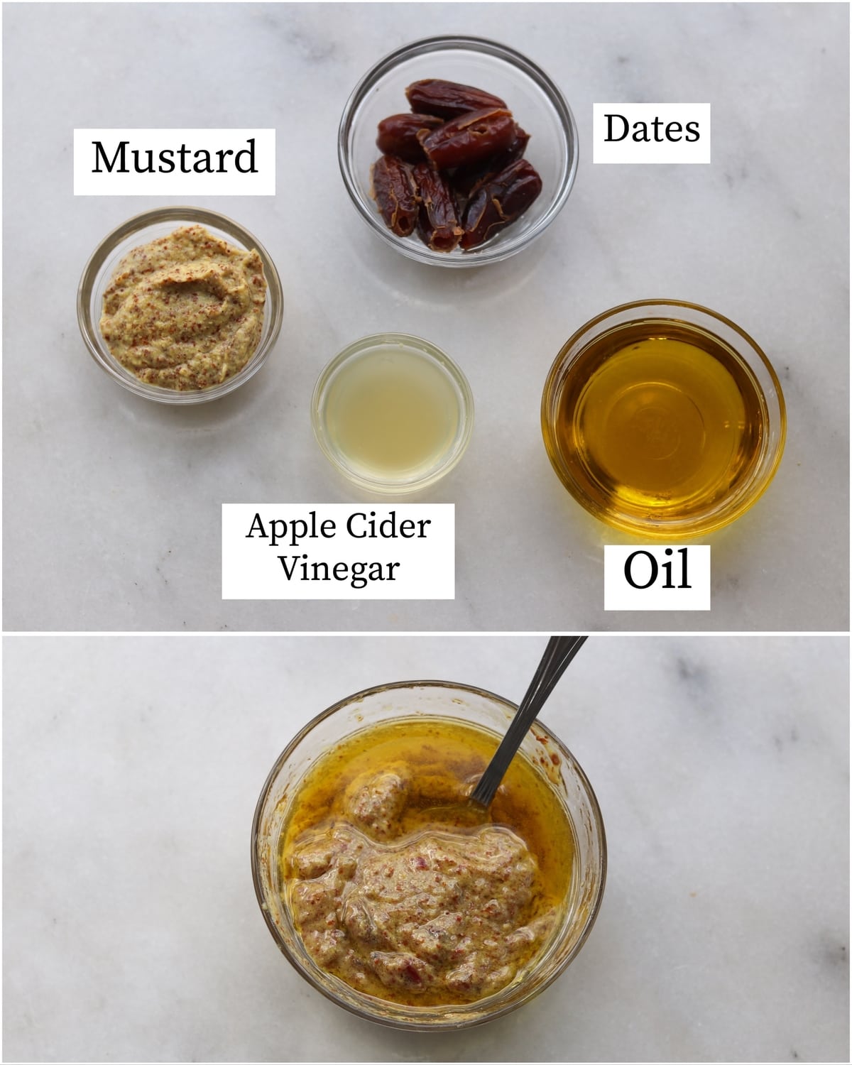 Collage showing the labeled honey mustard marinade recipe ingredients and the finished mixed marinade.