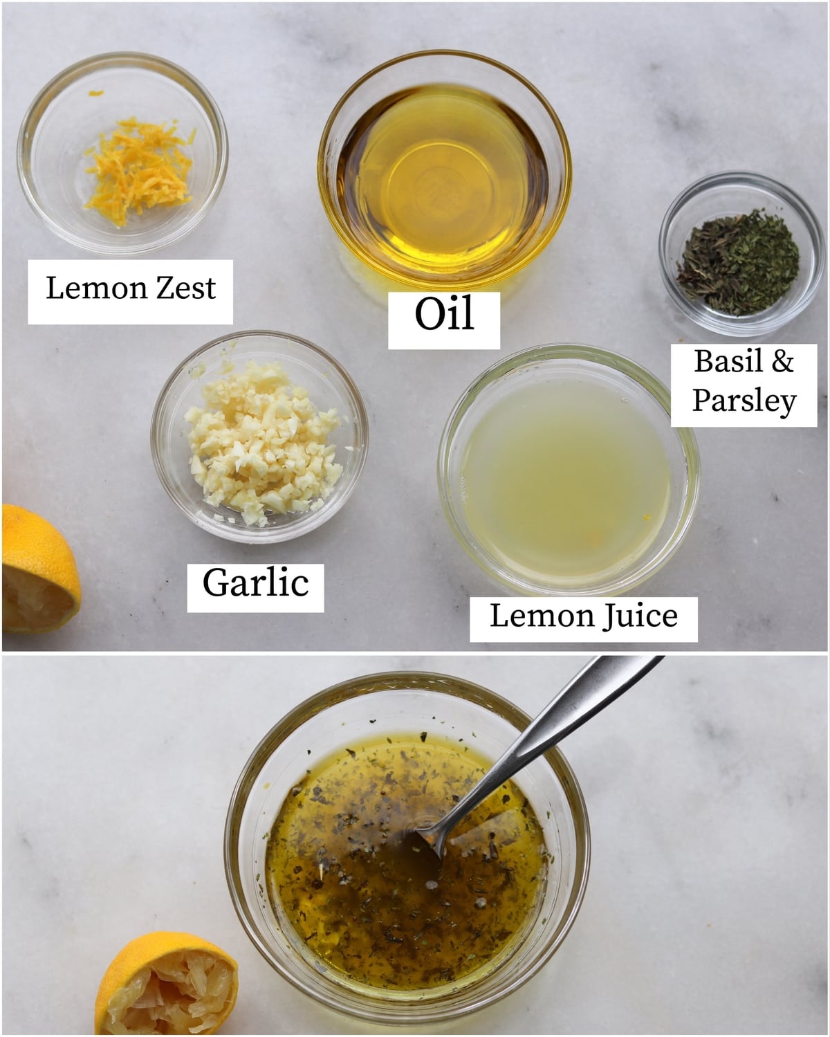 Collage showing the labeled lemon garlic marinade recipe ingredients and the finished mixed marinade.