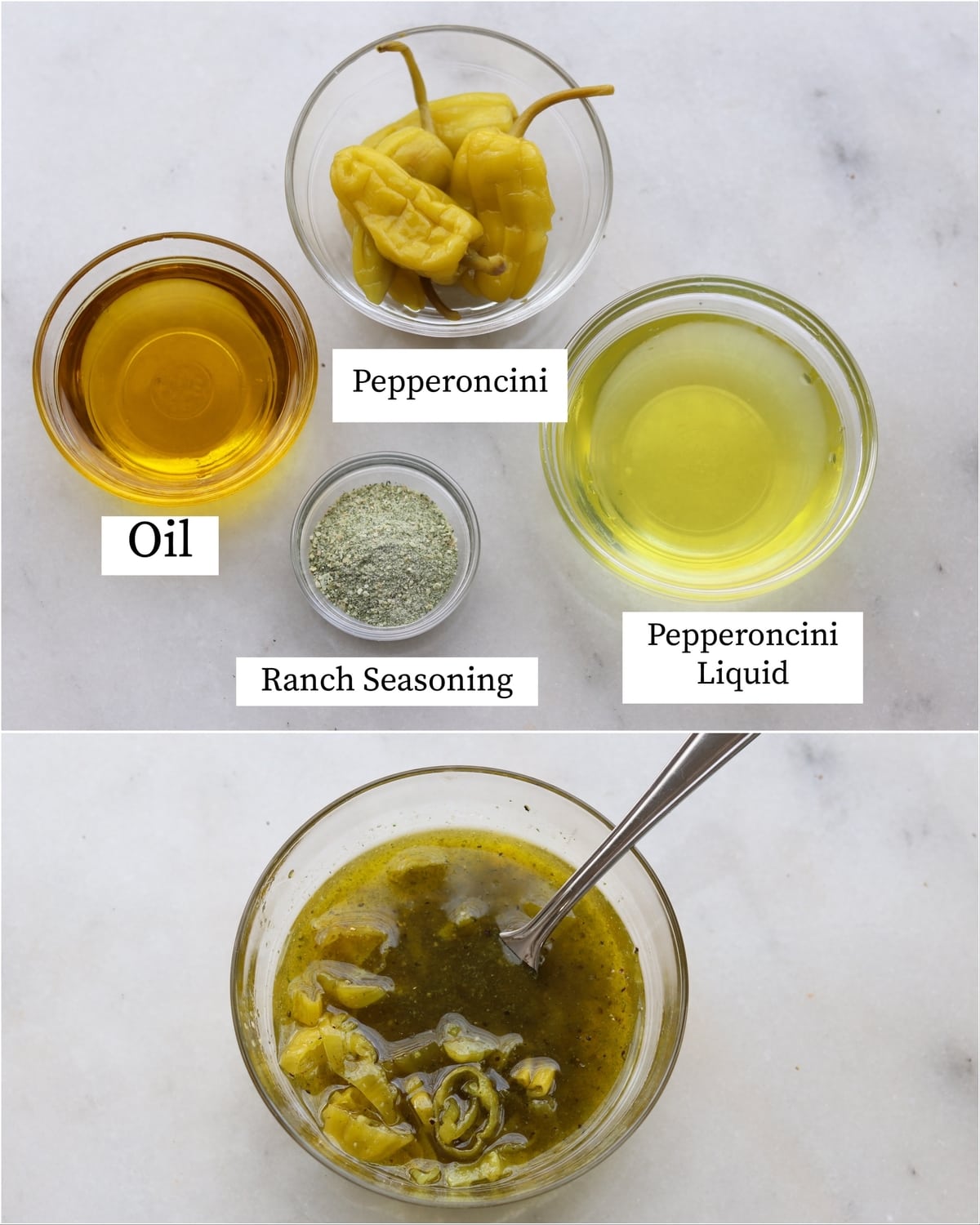 Collage showing the labeled Mississippi marinade recipe ingredients and the finished mixed marinade.