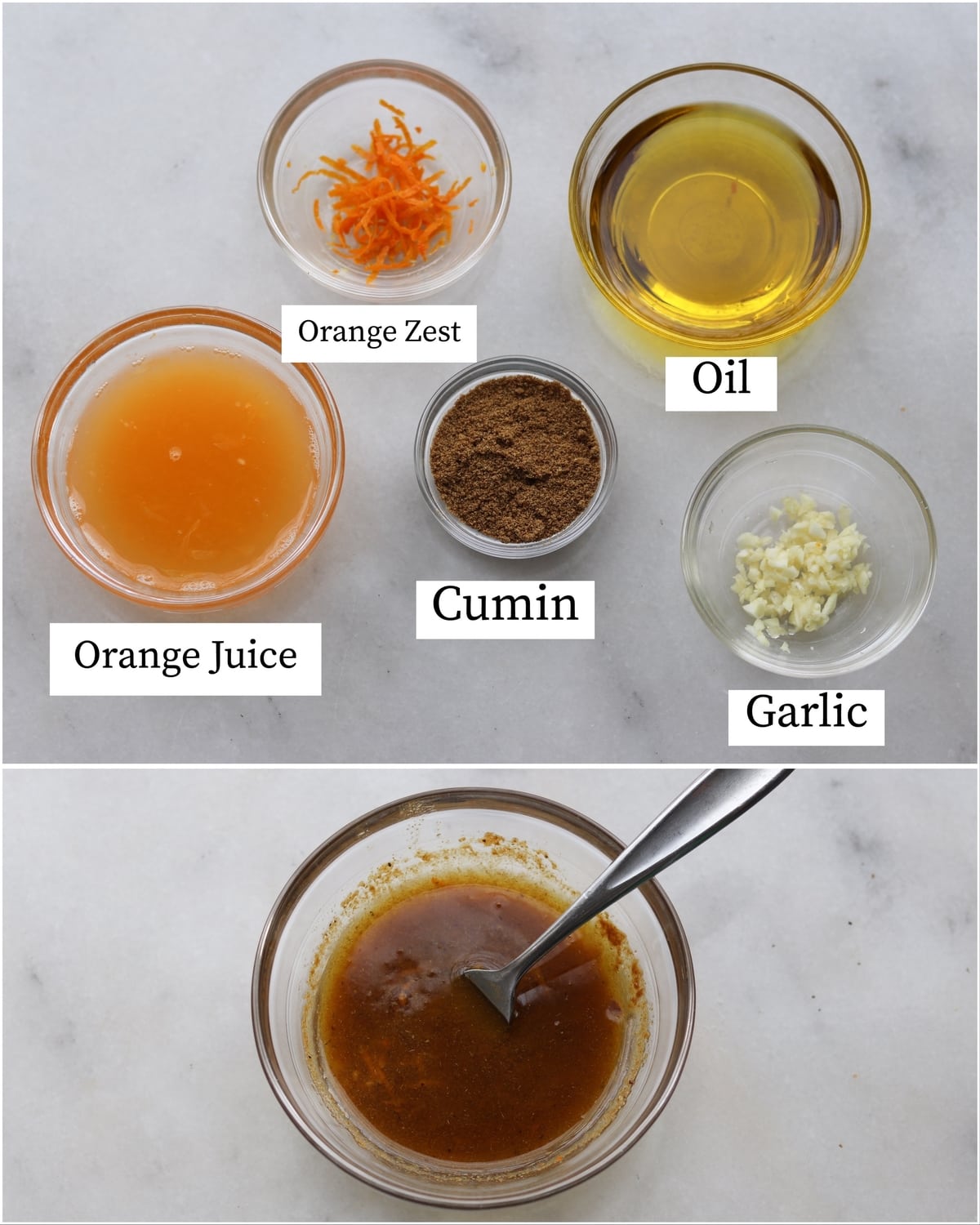 Collage showing the labeled Orange Cumin marinade recipe ingredients and the finished mixed marinade.