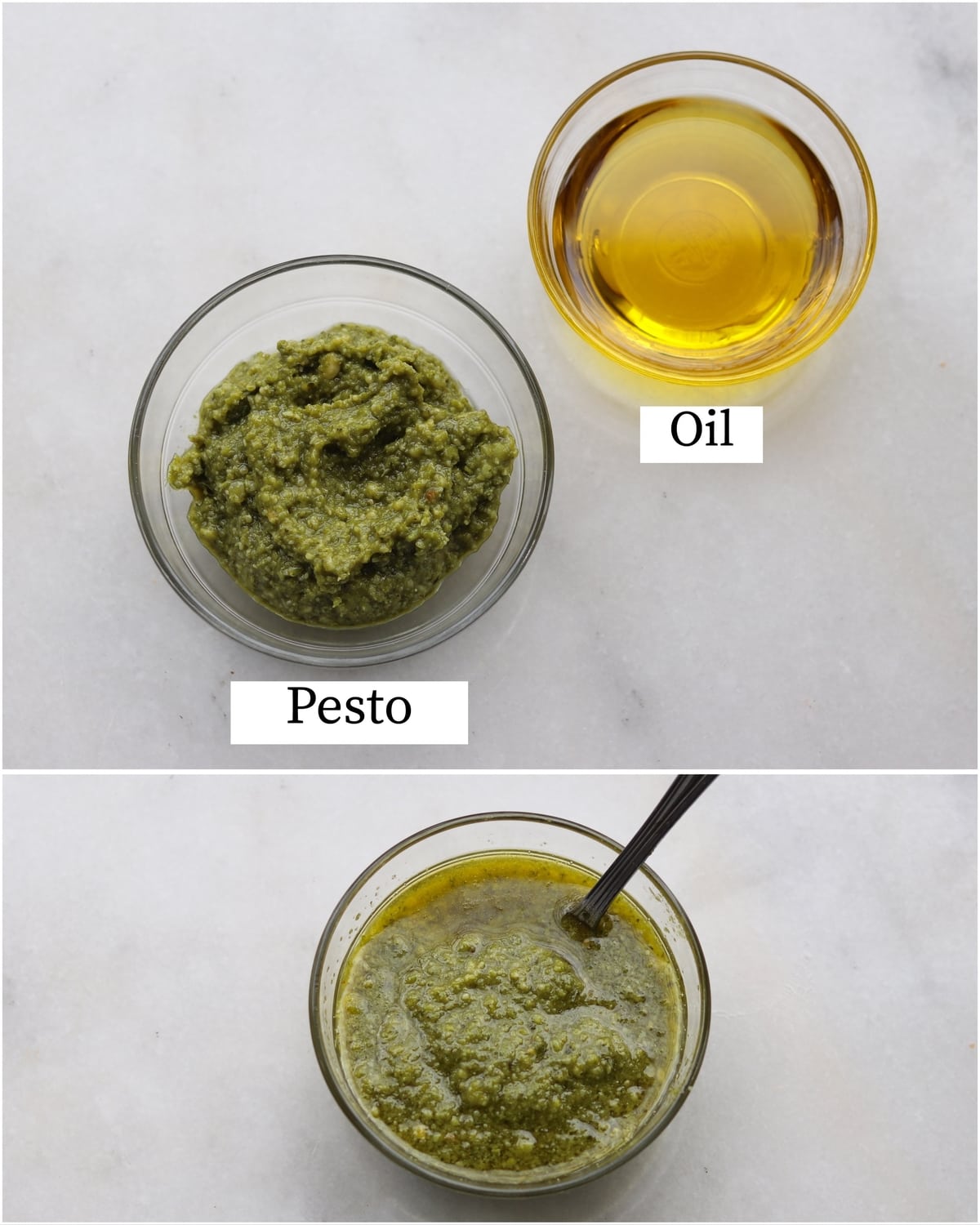 Collage showing the labeled pesto chicken marinade recipe ingredients and the finished mixed marinade.