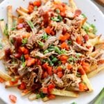 A white plate loaded with air fryer fries, shredded pork, bbq sauce, red bell peppers, and green onions.
