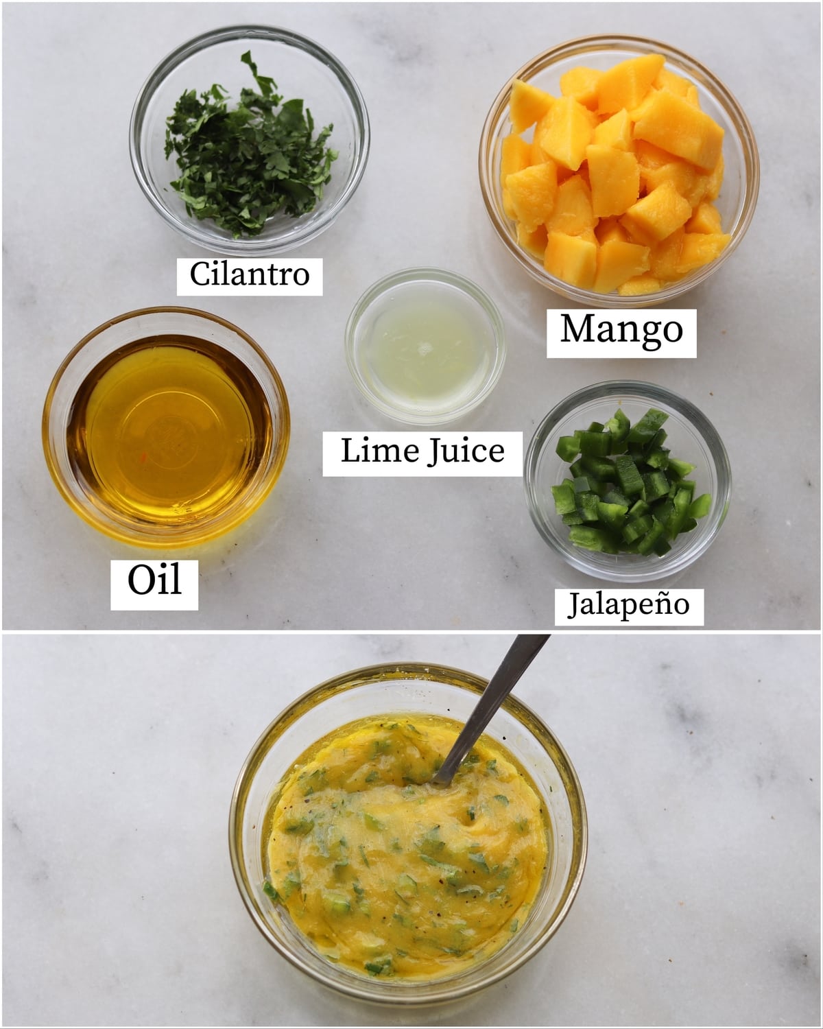 Collage showing the labeled mango marinade recipe ingredients and the finished mixed marinade.