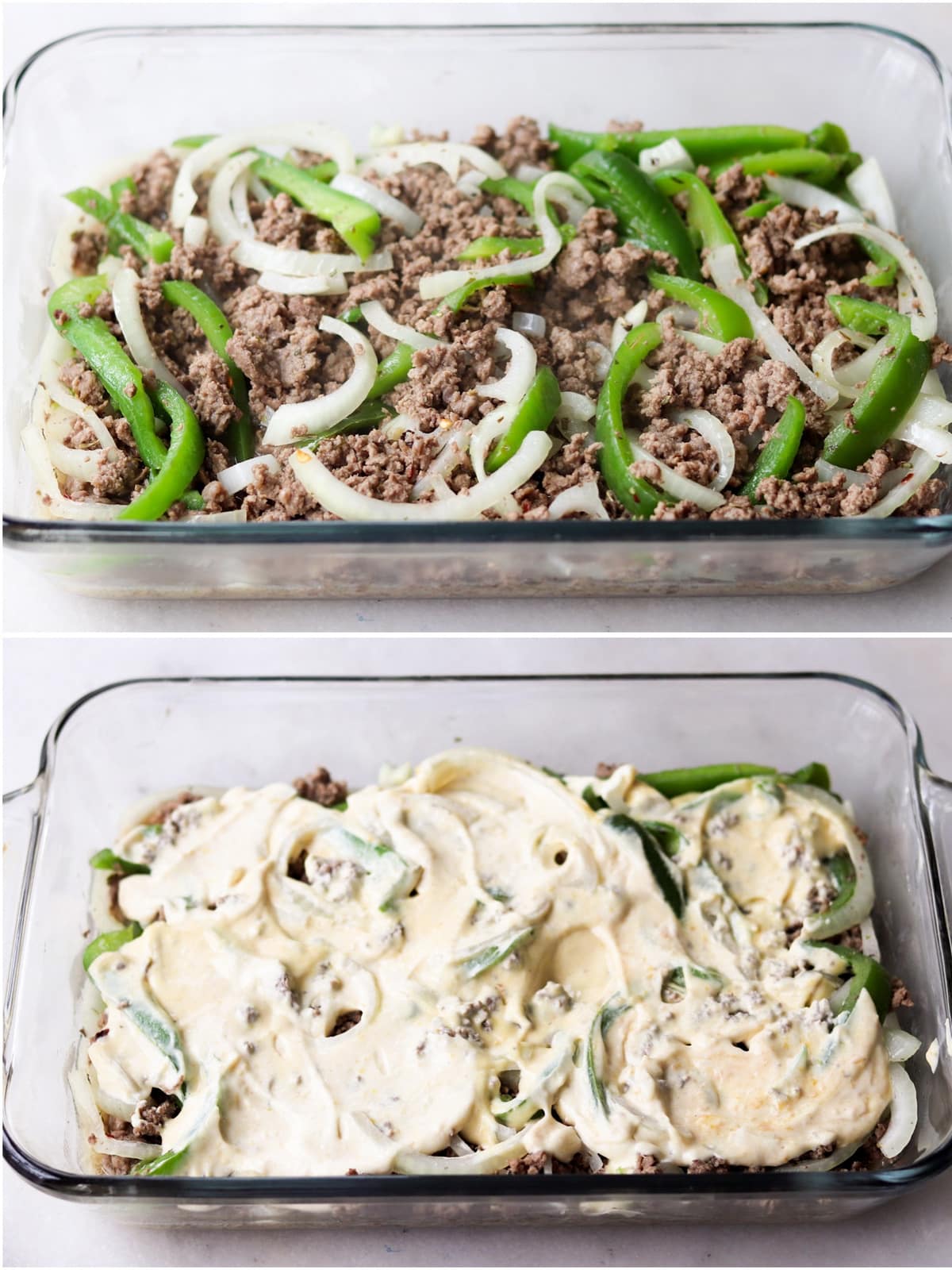         Two pictures of a philly cheesesteak casserole with meat, onions and green peppers.