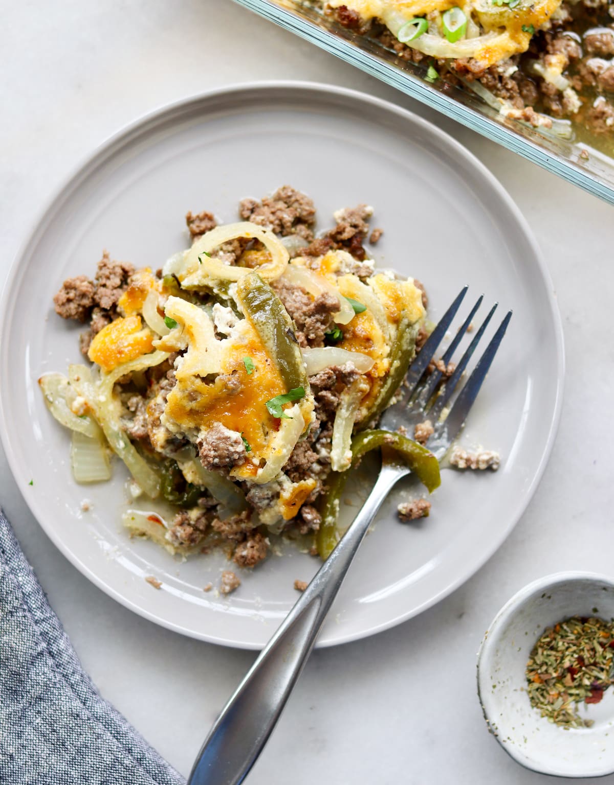 A serving of Philly cheesesteak casserole