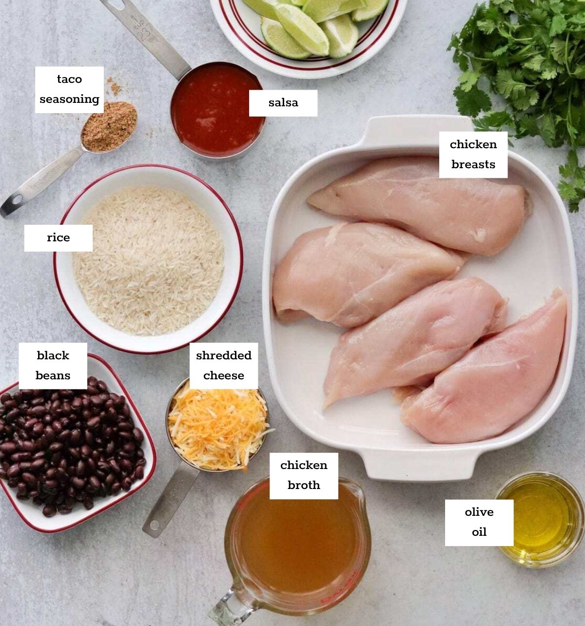 Chicken breasts, rice, black beans, shredded cheese, salsa, and taco seasoning are arranged on a kitchen counter.