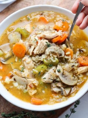 A bowl filled with chicken and rice soup.