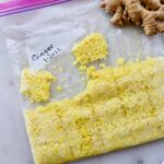 Frozen minced ginger in a zip top bag.