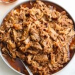 Shredded bbq pulled pork in a bowl.