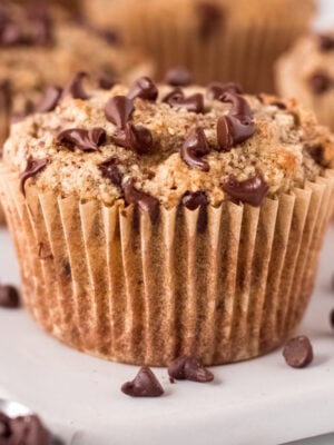 Side view of an almond flour banana muffin with chocolate chips.