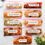 Nine bags of pork chops in different labeled marinades.