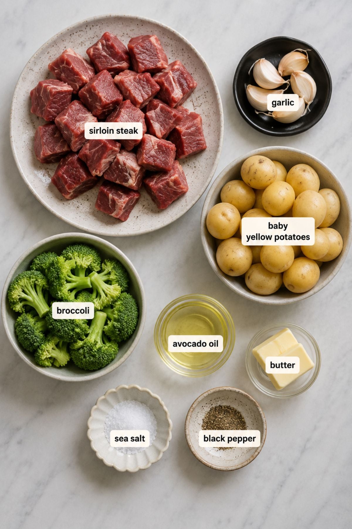 Plates and bowls with labeled ingredients for steak bites and potatoes: sirloin steak cubes, garlic, baby yellow potatoes, broccoli, avocado oil, butter, sea salt, and black pepper are arranged on a marble surface.