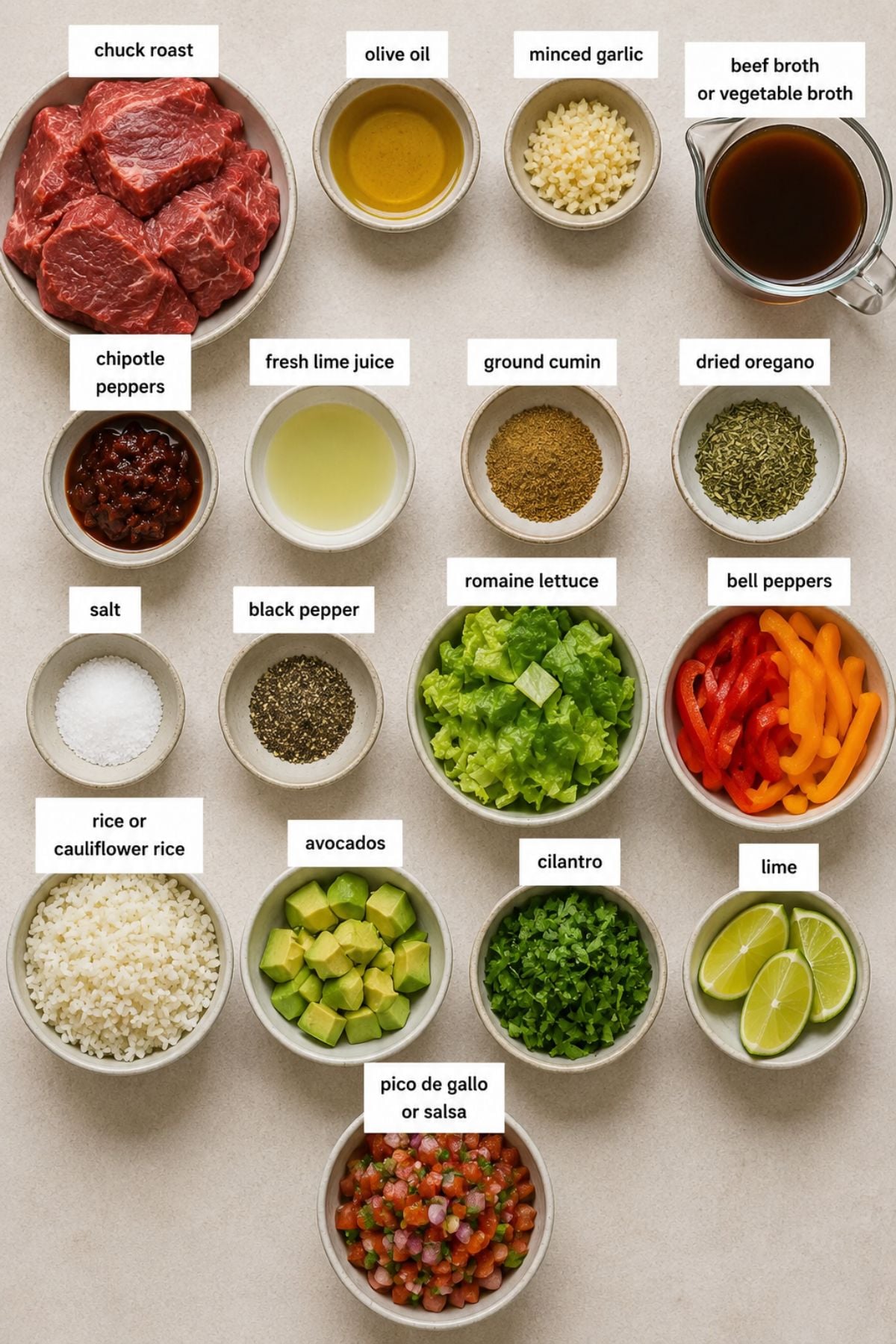 Ingredients for a Chipotle Copycat beef dish arranged on a counter, including labeled bowls of beef, vegetables, seasonings, broth, oil, lime juice, rice or cauliflower rice, and pico de gallo salsa.