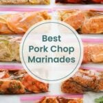 Various pork chops in clear bags with different marinades are arranged on a surface. The text reads, "Best Pork Chop Marinades," showcasing each flavorful pork chop marinade that promises to elevate your culinary experience.