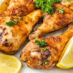 Air fryer chicken drumsticks with lemon and parsley on a white plate.