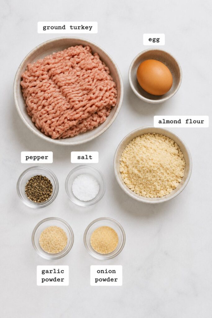Bowls containing ground turkey, an egg, almond flour, pepper, salt, garlic powder, and onion powder are arranged on a white surface with labels identifying each ingredient.