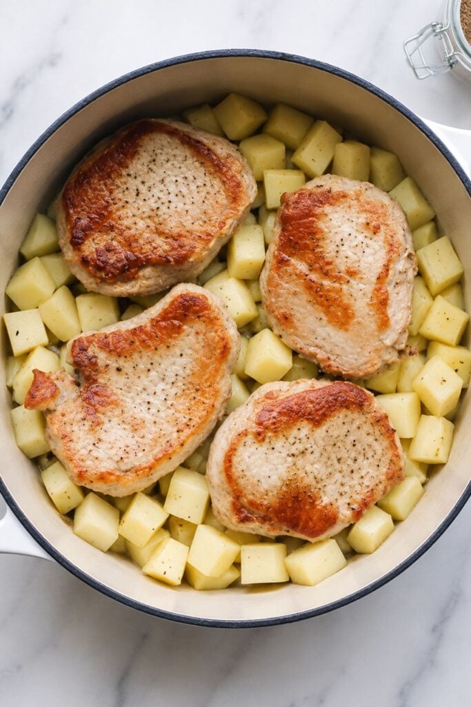 Four seared German Pork Chops sit on top of evenly chopped potatoes in a round white pot on a marble surface.