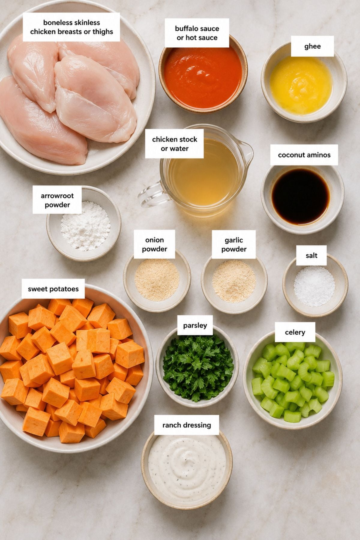 Top-down view of labeled ingredients in bowls for a recipe, including chicken, hot sauce, ghee, seasonings, sweet potatoes, celery, ranch dressing, and chicken stock—perfect for making Instant Pot Buffalo Chicken or stuffed sweet potatoes.