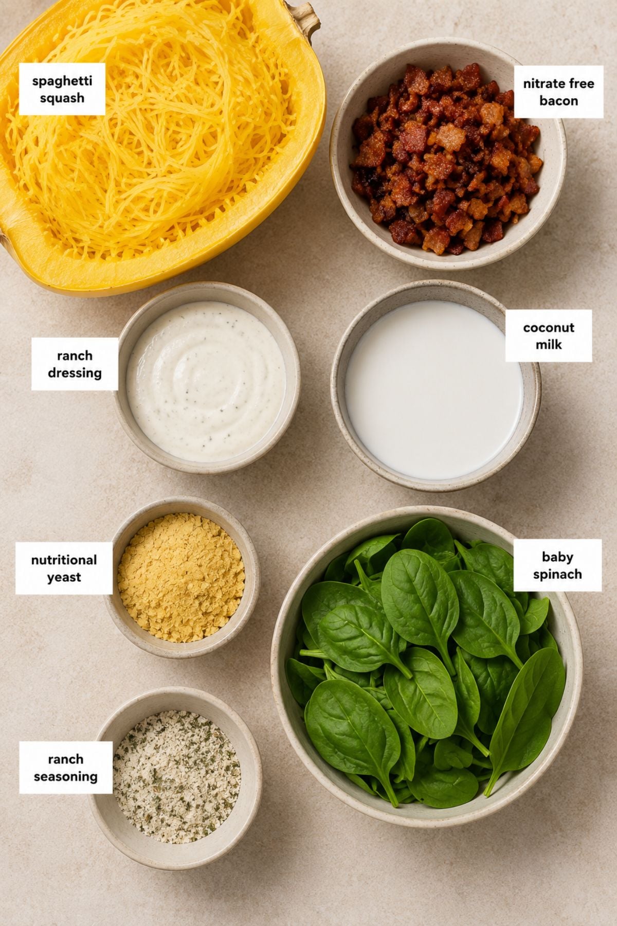 Six labeled bowls containing the ingredients for Stuffed Spaghetti Squash—spaghetti squash, nitrate free bacon, ranch dressing, coconut milk, nutritional yeast, ranch seasoning, and baby spinach—arranged on a light surface.