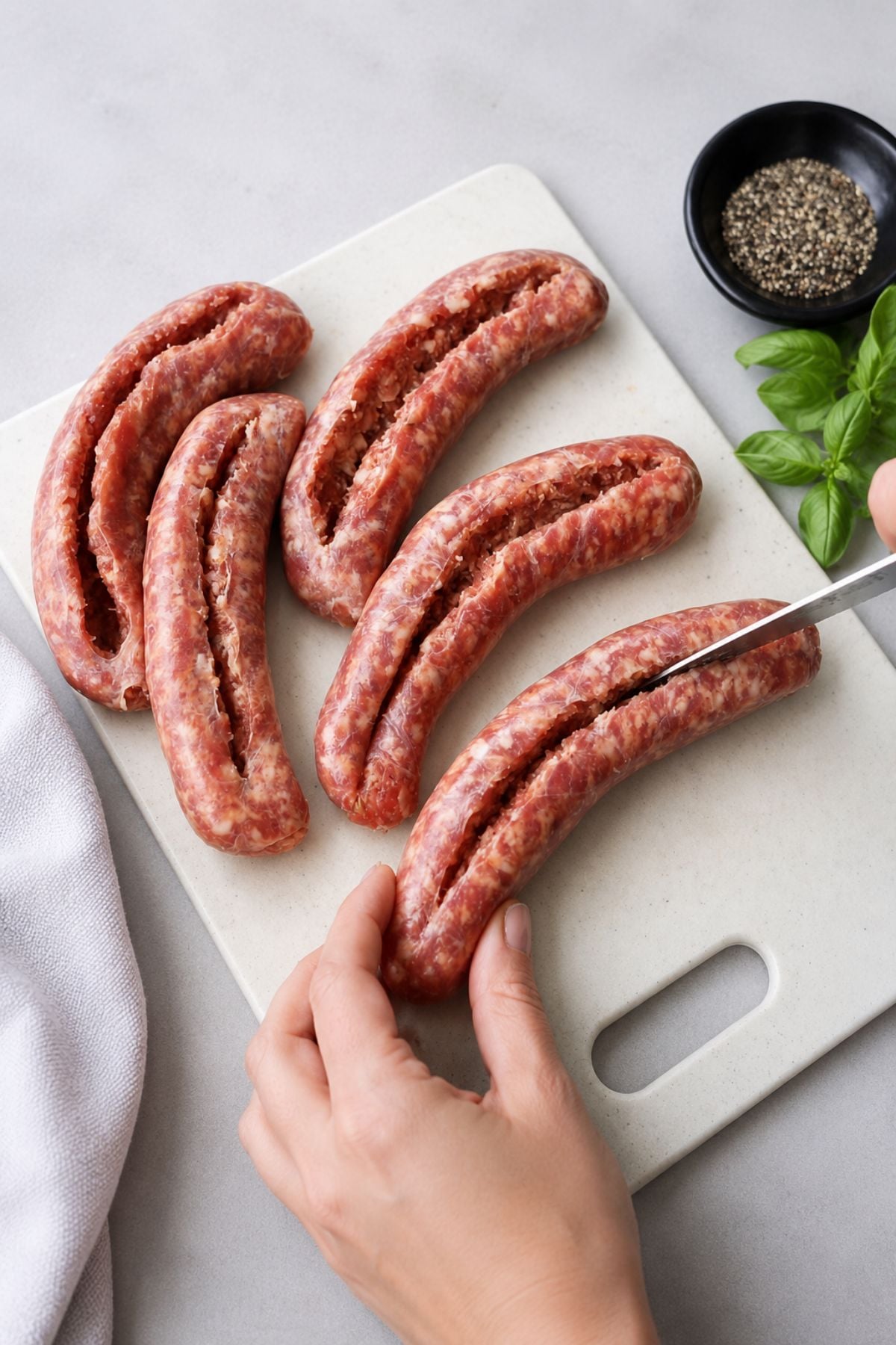 Four raw stuffed Italian sausages rest on a white cutting board, with one being sliced open by a hand holding a knife; black pepper and basil are nearby.