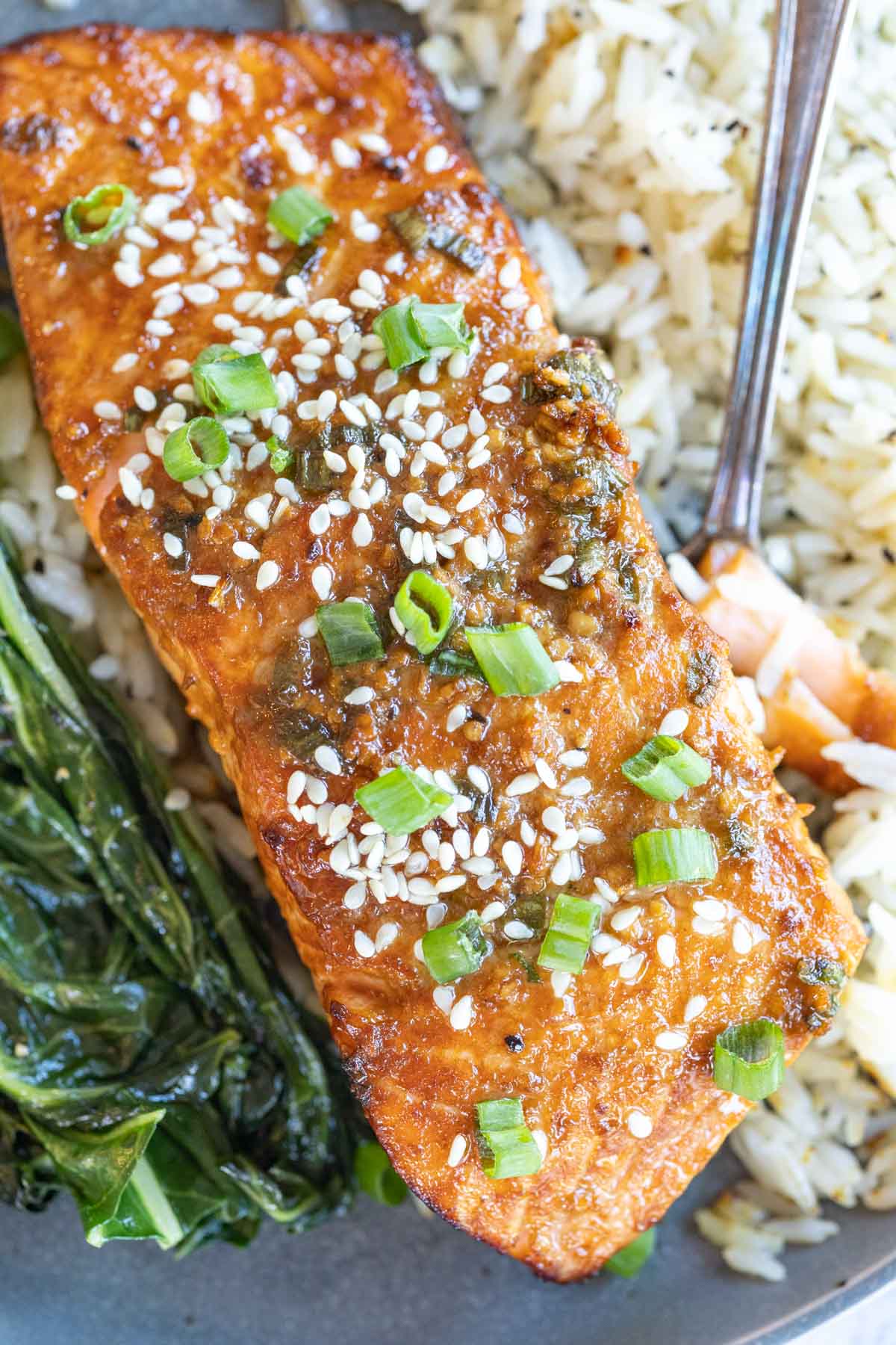 Soy ginger salmon topped with sesame seeds and chopped scallions, served with steamed greens and rice.