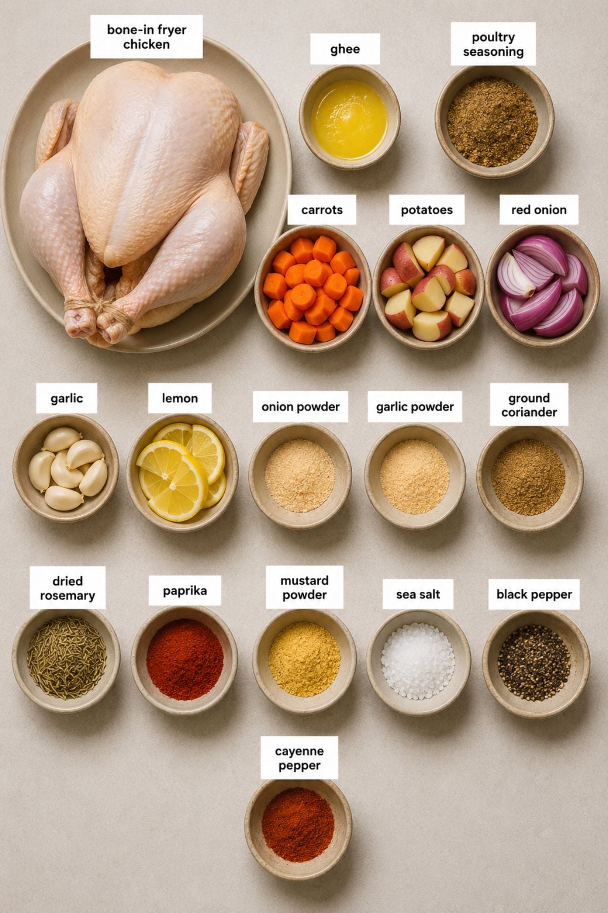 Top-down view of raw whole chicken and bowls of labeled ingredients, including vegetables, seasonings, and spices, arranged on a neutral background—perfectly laid out for making Dutch oven chicken.