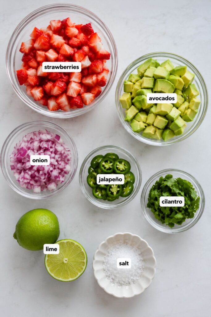 Seven bowls and plates with labeled ingredients—strawberries, avocados, onion, jalapeño, cilantro, a halved lime, and salt—are arranged on a white surface, ready to be combined into a fresh strawberry salsa.