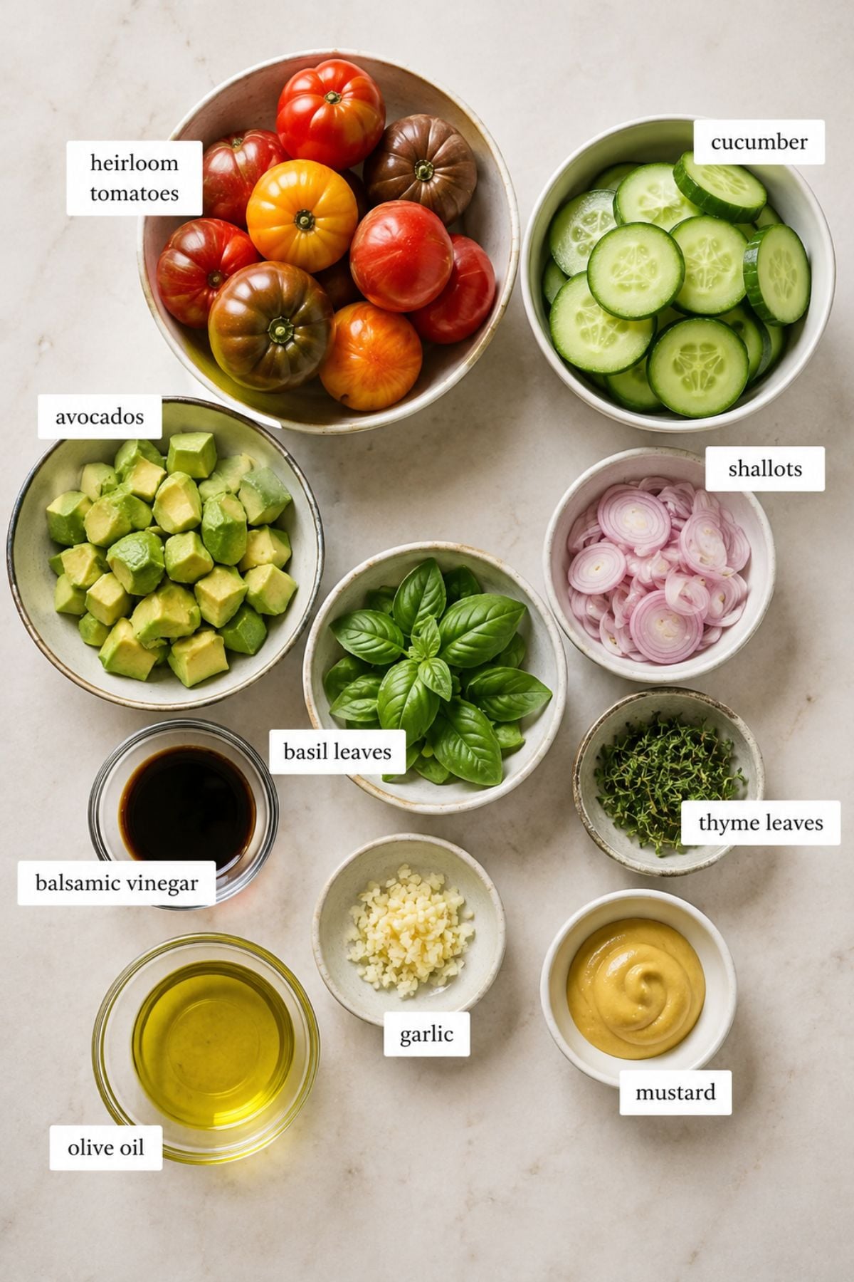 Bowls of vibrant heirloom tomatoes, cucumbers, avocados, shallots, basil, thyme, balsamic vinegar, garlic, olive oil, and mustard on a countertop—each labeled with white text—make the perfect base for a fresh marinated vegetable salad.