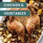 A roasted spatchcock chicken served on a platter with roasted potatoes, brussels sprouts, greek chicken meatballs, and lemon wedges. Text overlay reads "roasted spatchcock chicken & vegetables.