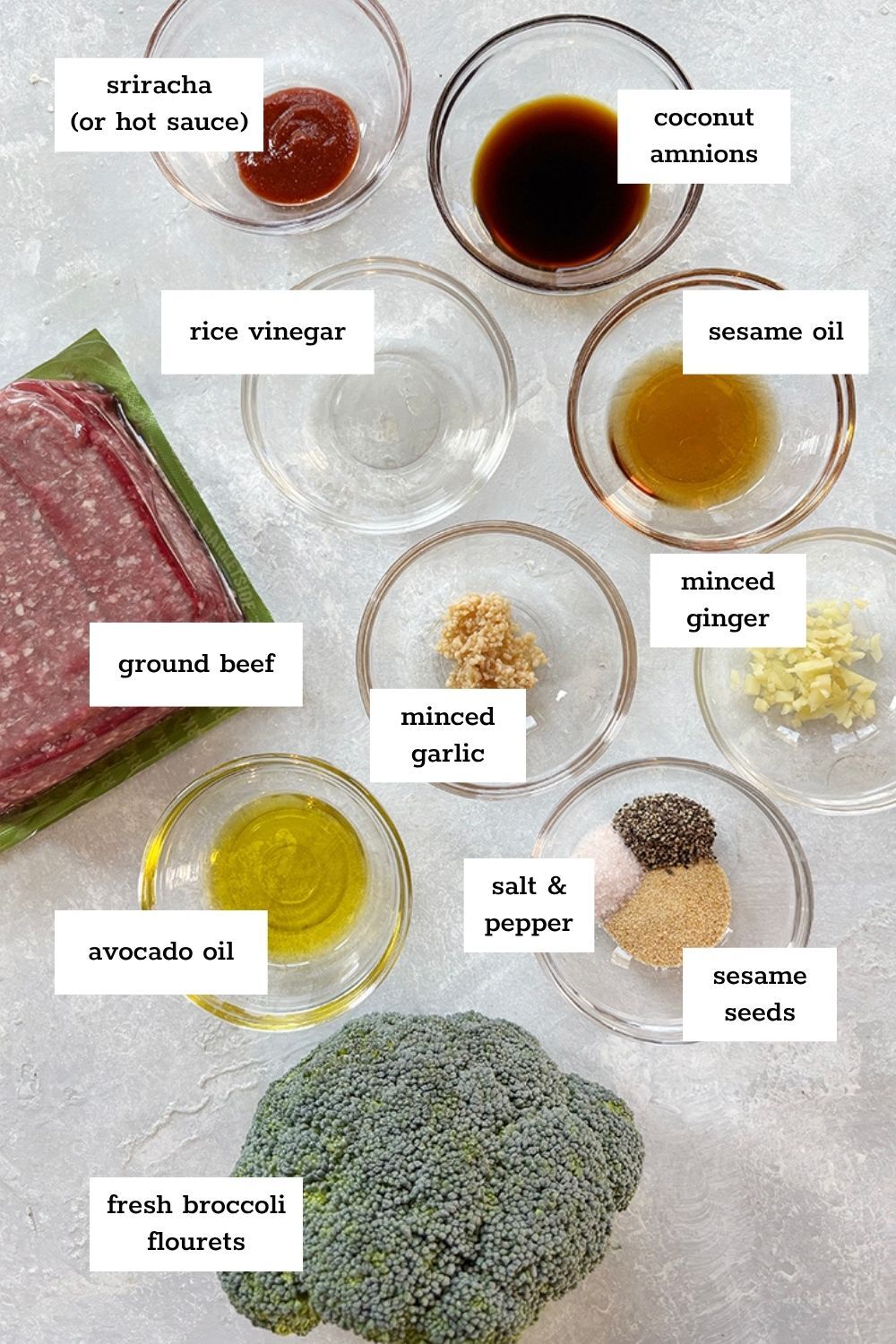 Ingredients for a beef and broccoli dish laid out in bowls, including ground beef, sauces, spices, avocado oil, and fresh broccoli florets. Each ingredient is labeled.
